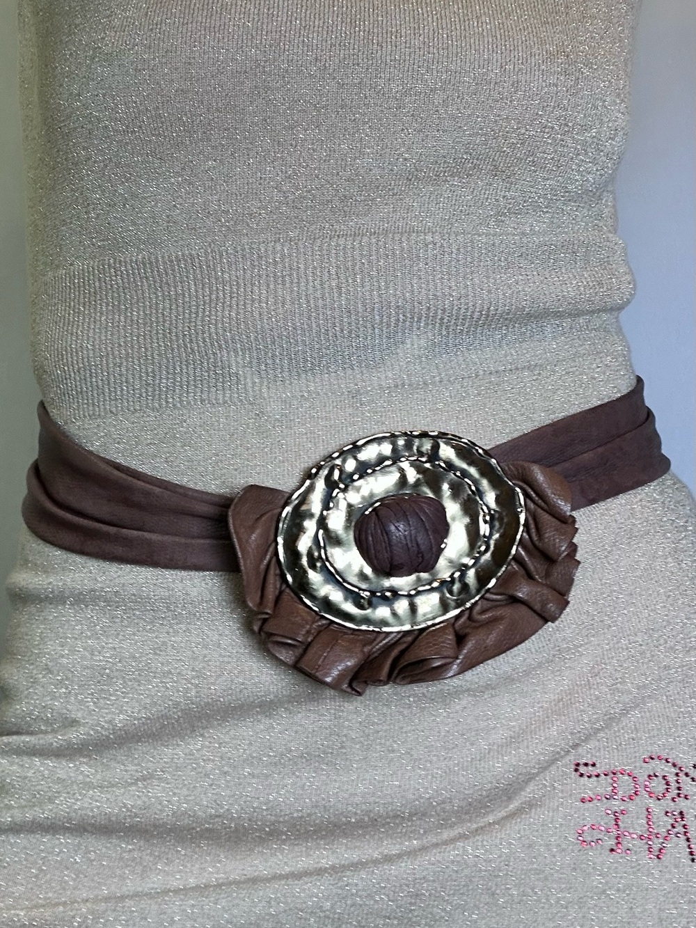 Van Wyck Y2K Soft Leather Tie-Back Belt Taupe w Flower, Gold Buckle Accent Sz M
